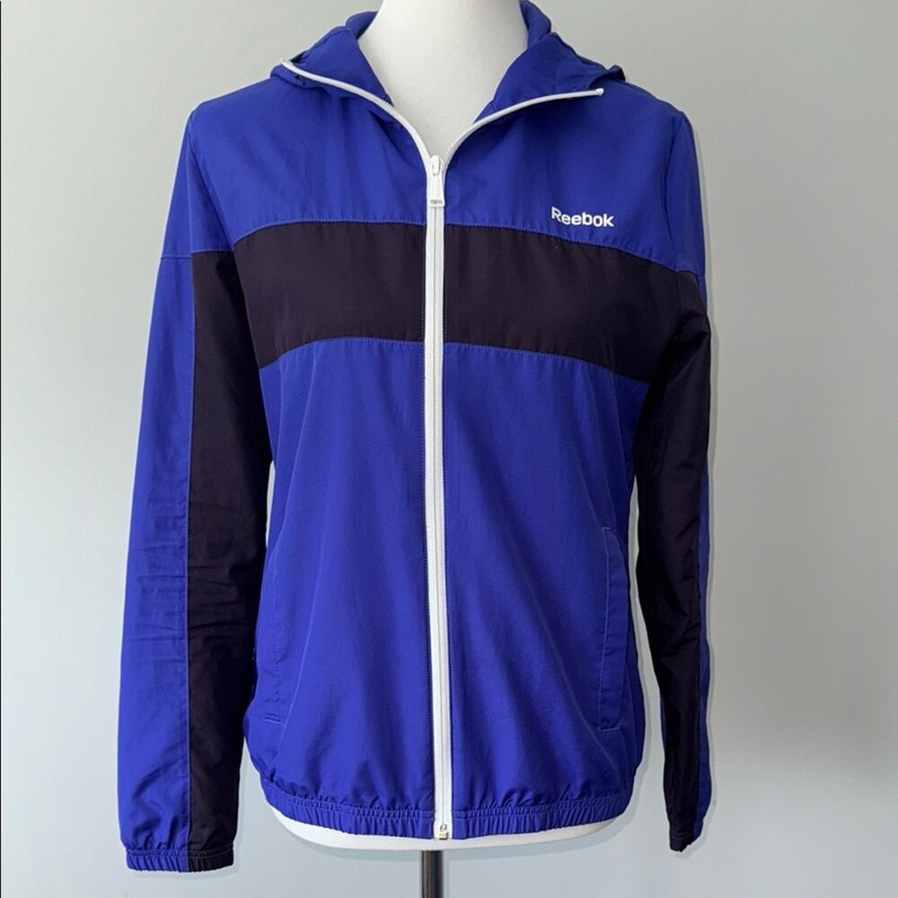 Reebok Blue Black Full Zip Athletic Windbreaker Athletic Hooded Jacket Unisex S